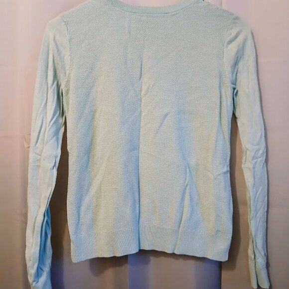ANN TAYLOR LOFT Crochet Sweater Top XS Light Blue Eyelet shell sleeve Crew neck - Picture 5 of 7